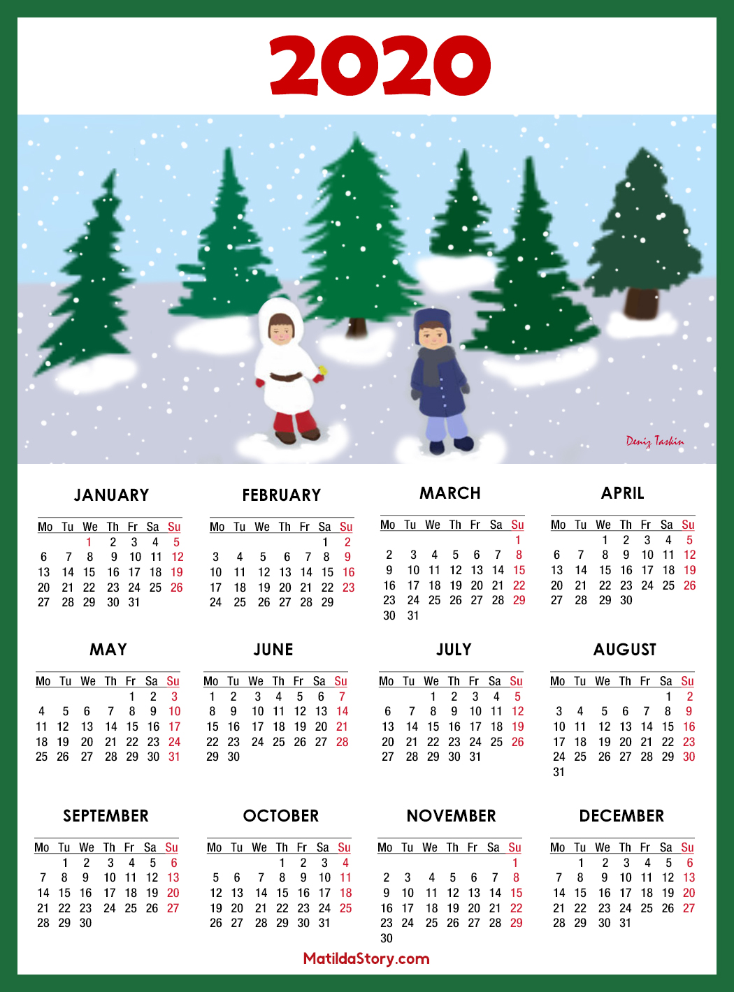 Calendar 2020 Printable – 1 Page – Monday Start – www.paulmartinsmith.com