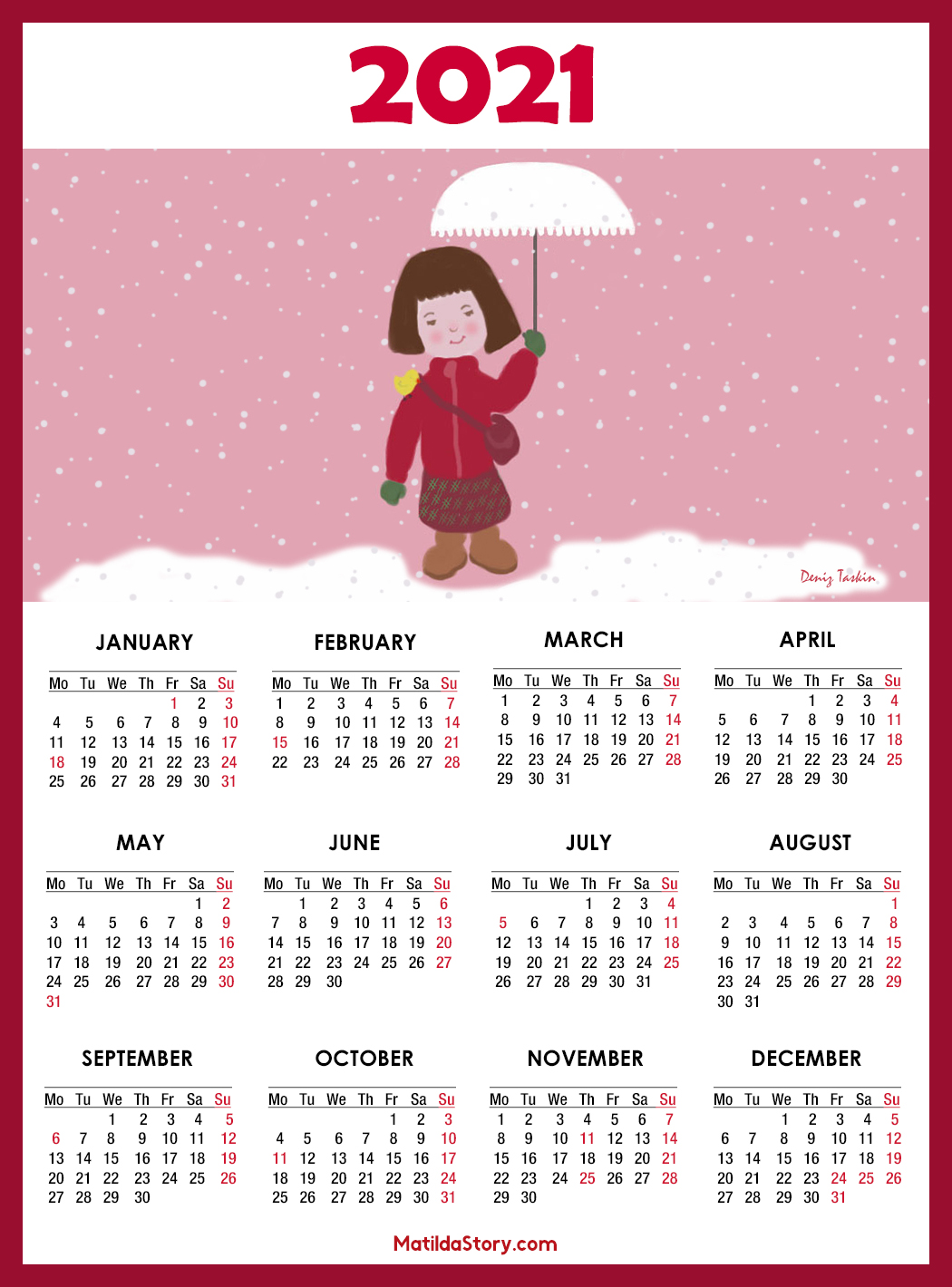 Calendar 2021 Printable with US Holidays - Monday Start ...