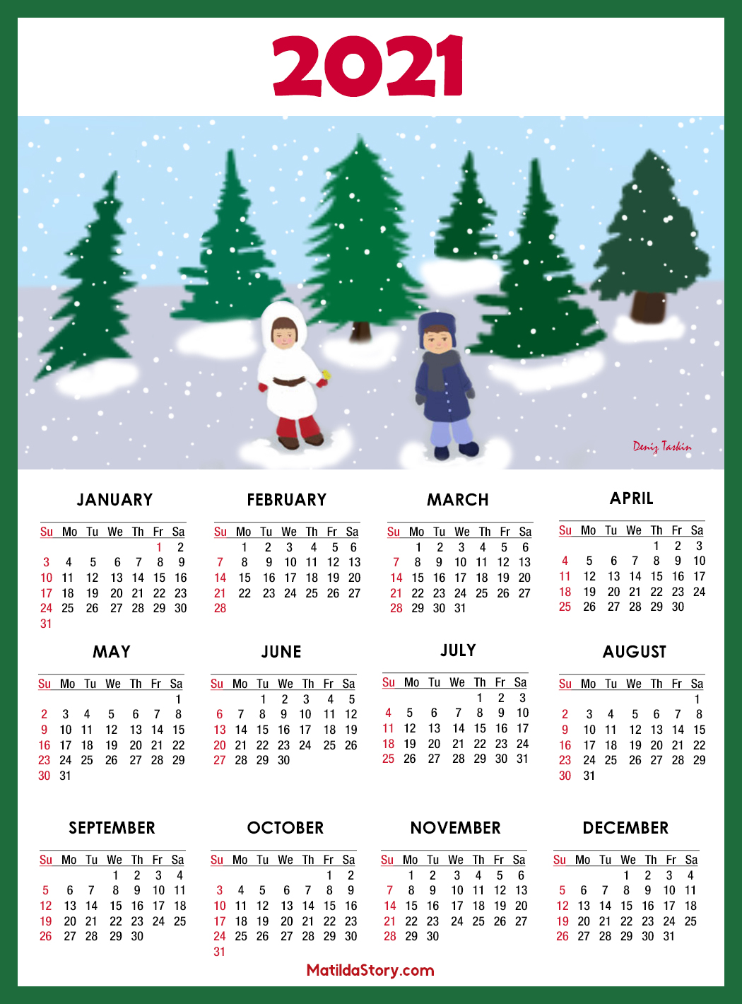 Calendar 2021 Printable - 1 Page - Sunday Start ...