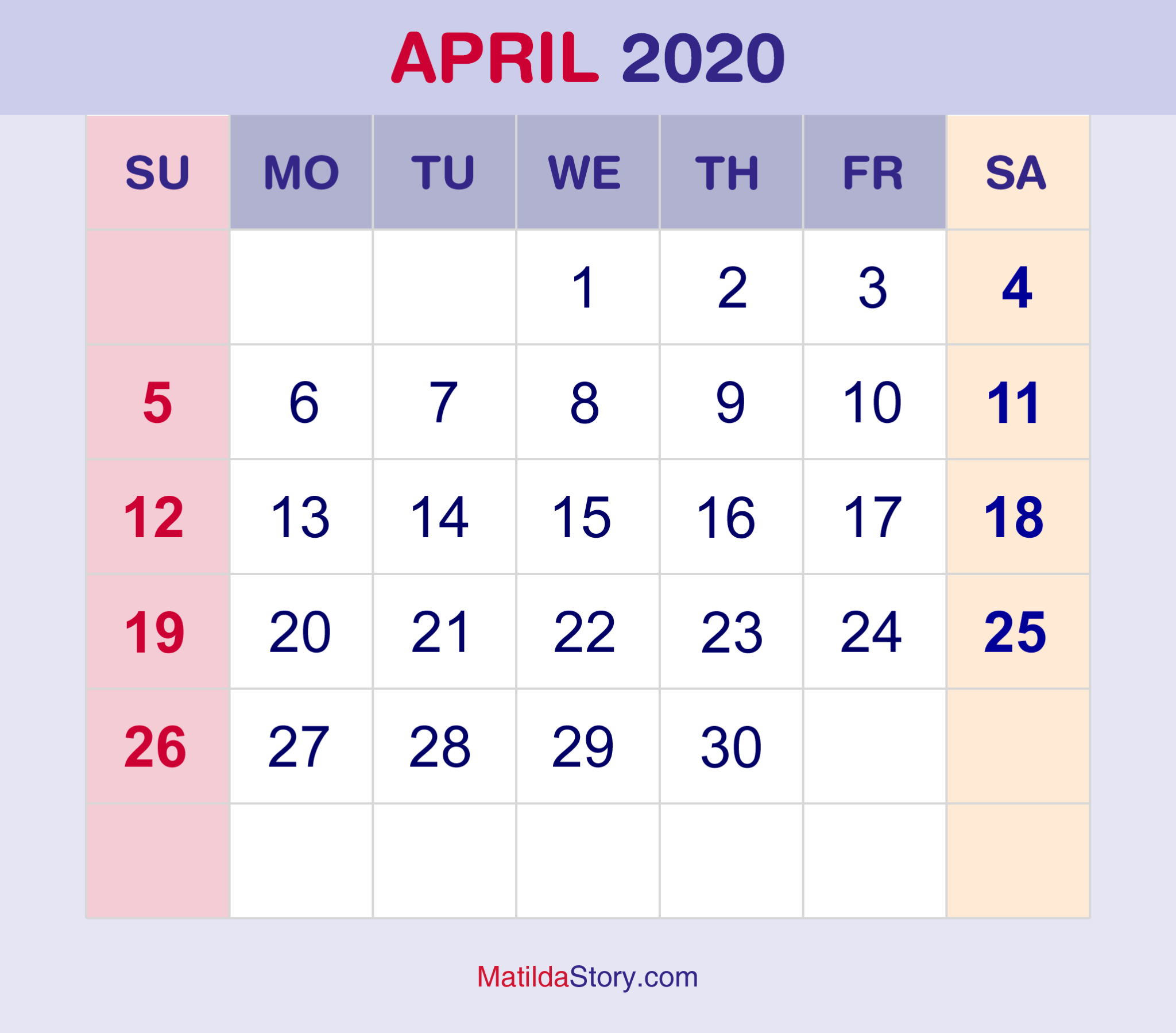 April 2020 Monthly Calendar, Monthly Planner, Printable Free Sunday