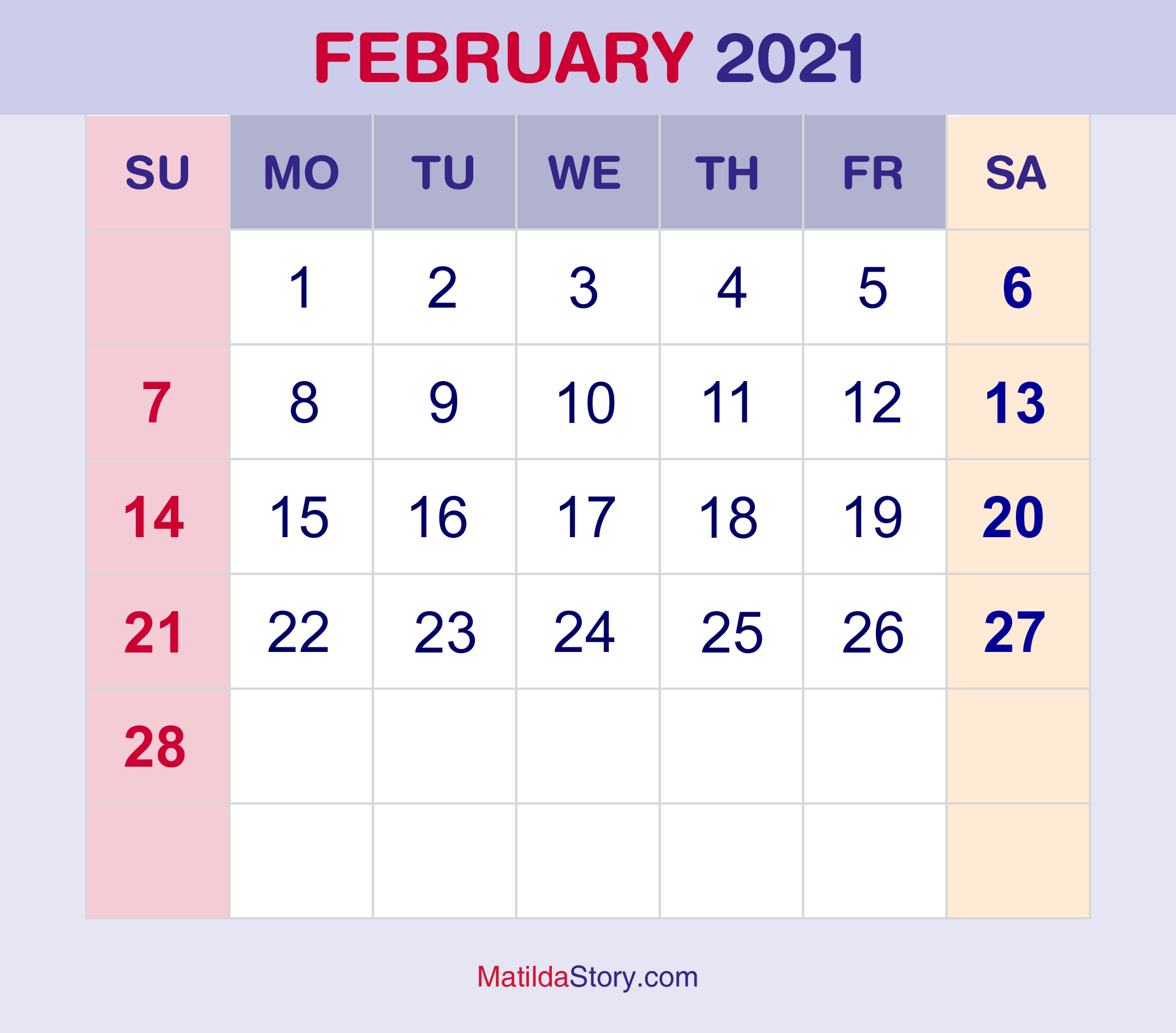 February 2021 Monthly Calendar Monthly Planner Printable Free Sunday Start Matildastory Com Free to download and print. february 2021 monthly calendar monthly