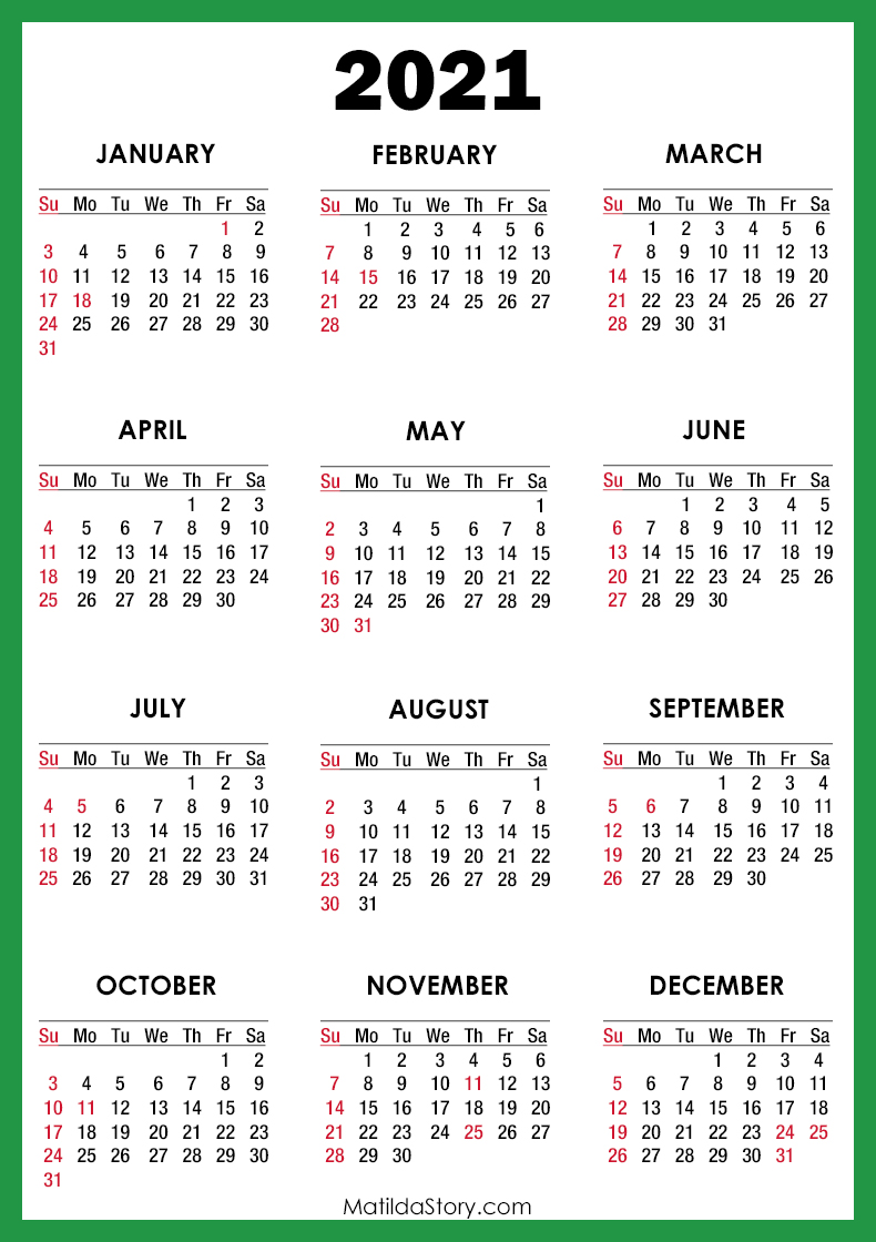 2021 Calendar With Holidays Printable Free Green Sunday Start