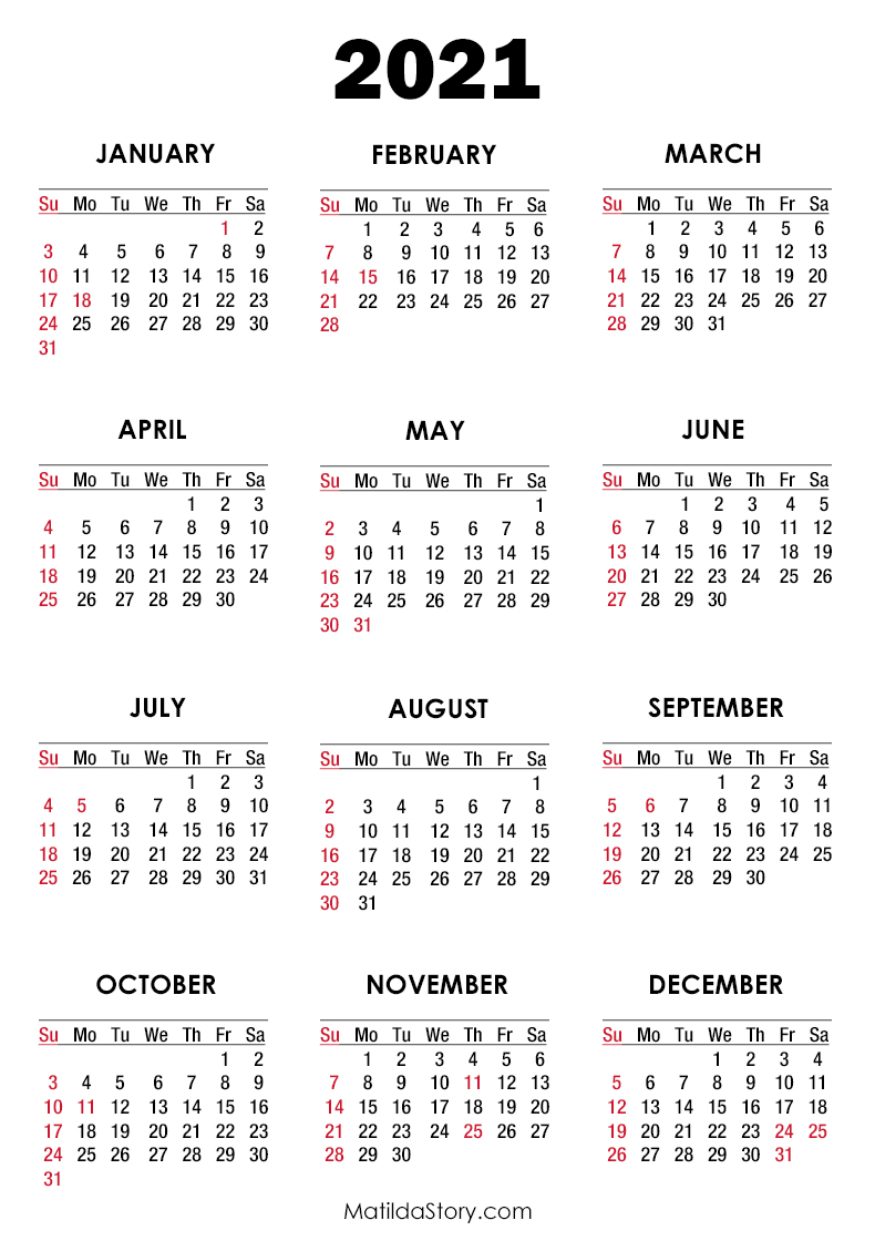2021 Calendar with Holidays, Printable Free, White ...