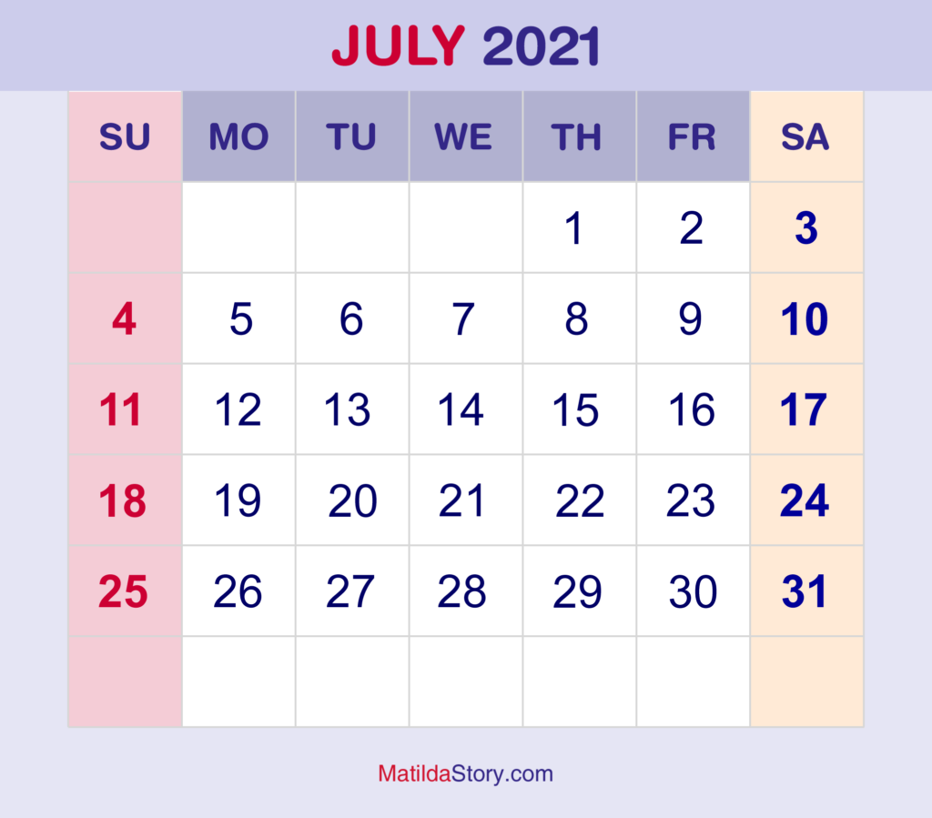 July 2021 Monthly Calendar, Monthly Planner, Printable Free – Sunday
