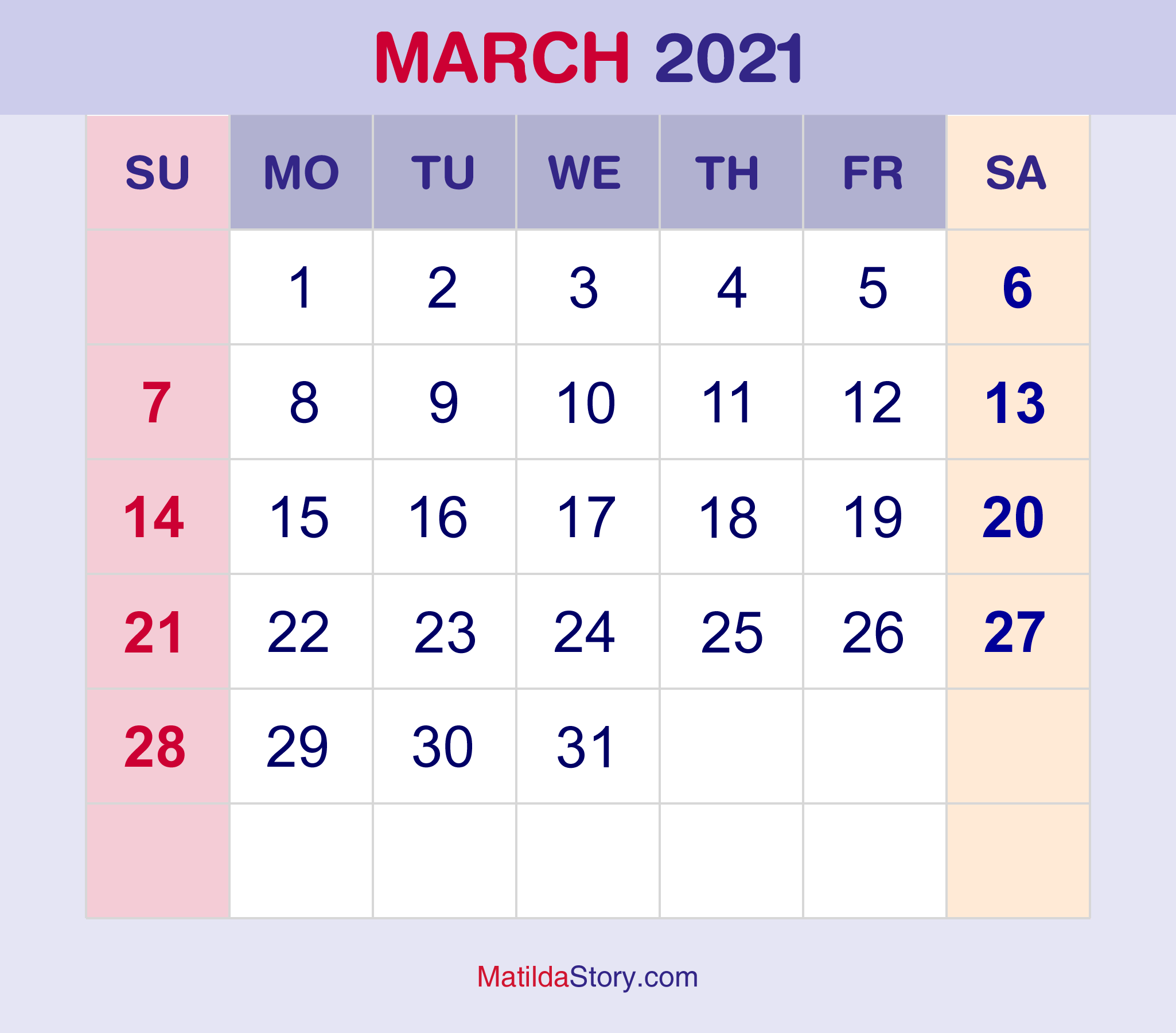 March 2021 Monthly Calendar Monthly Planner Printable Free Sunday