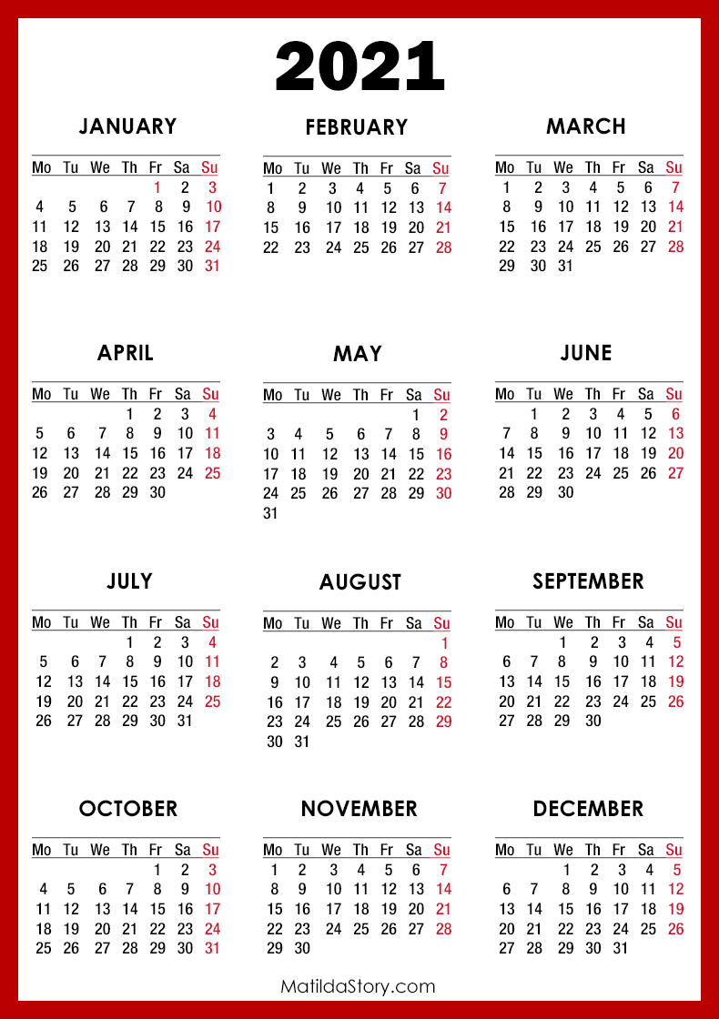 2021 Calendar Printable Free, Red - Monday Start ...