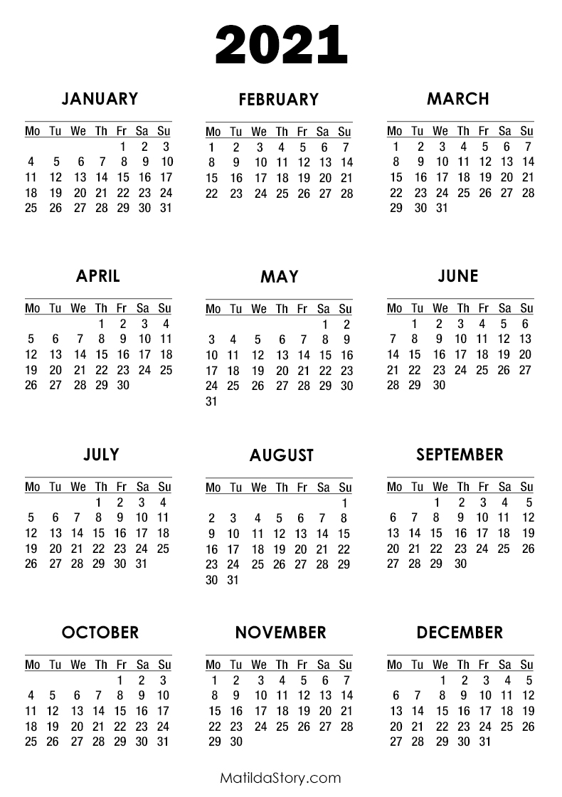 2021 Calendar Printable Free, White - Monday Start ...