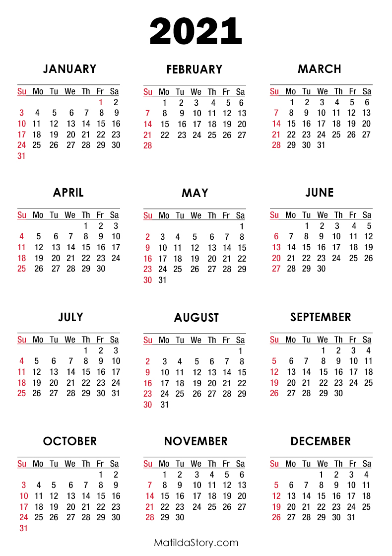 2021 Calendar Printable Free, White - Sunday Start ...