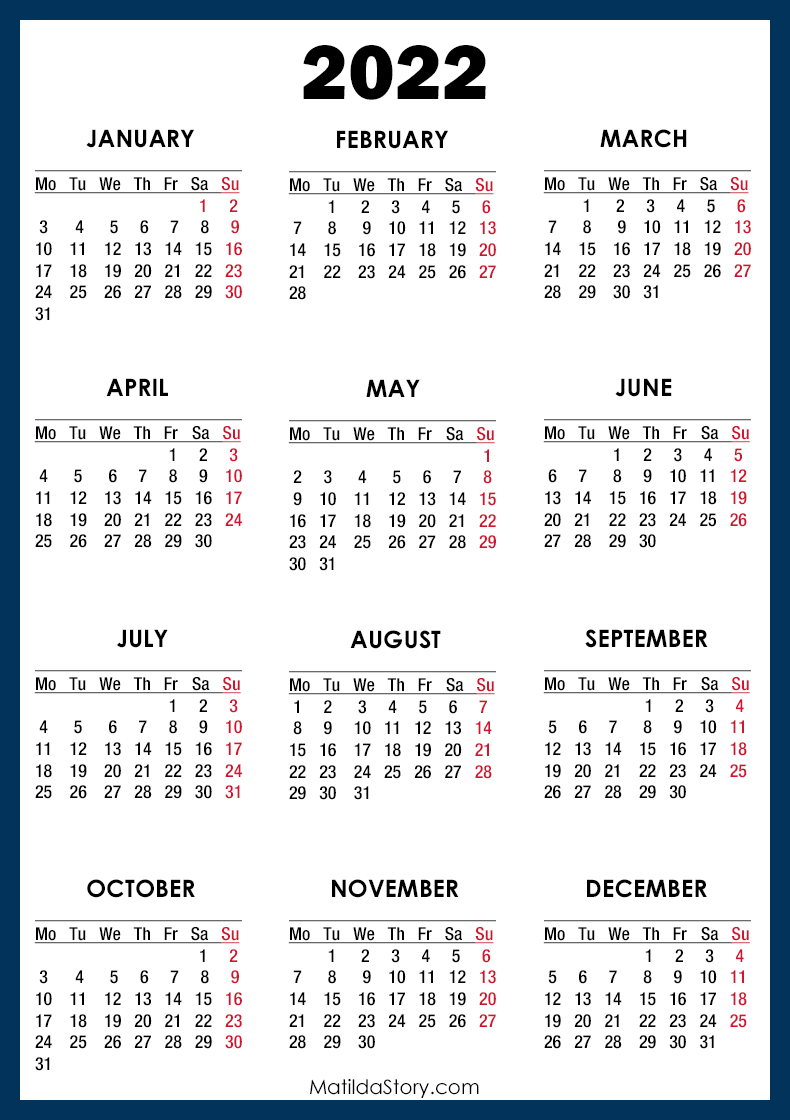 2022 Calendar Printable Free, Blue Monday Start