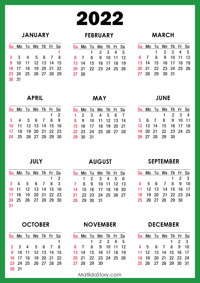 2022 Calendar Printable Free, Green Sunday Start