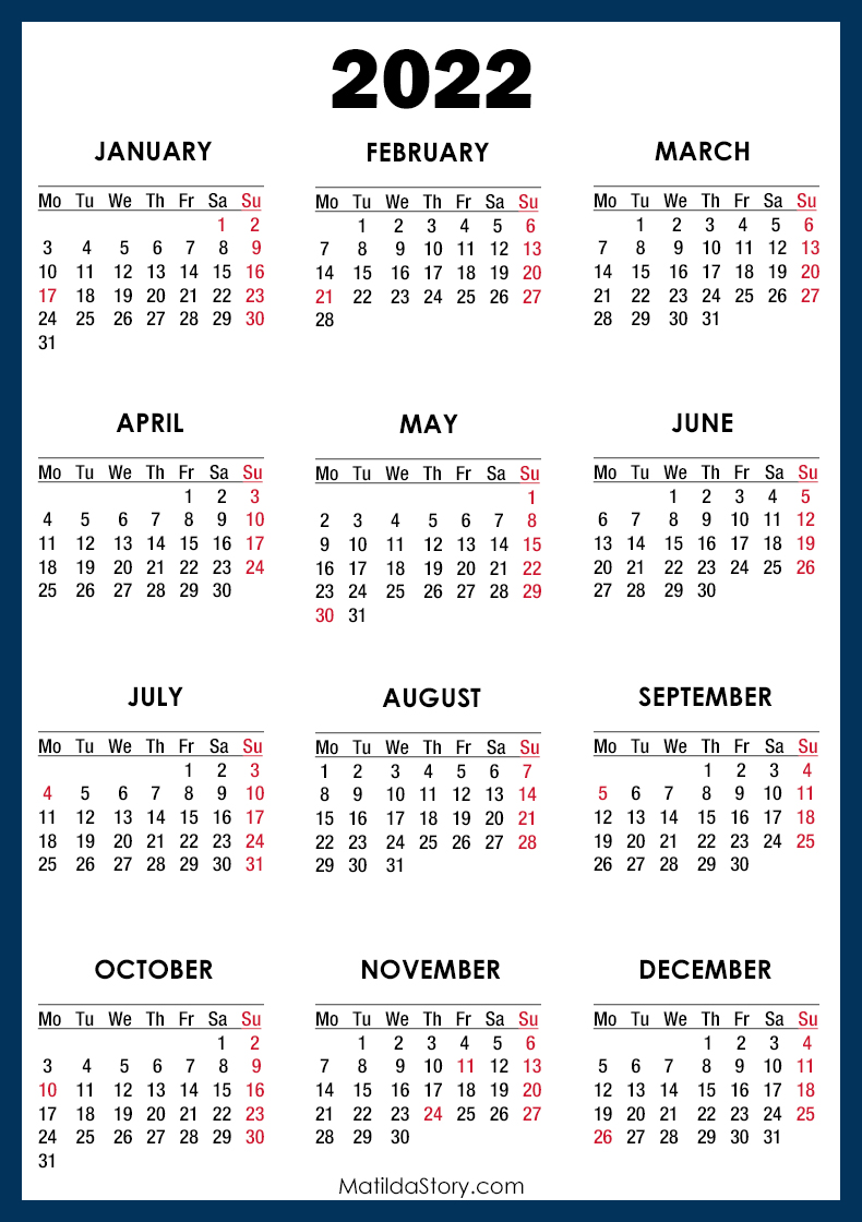 2022 Calendar with Holidays, Printable Free, Blue Monday