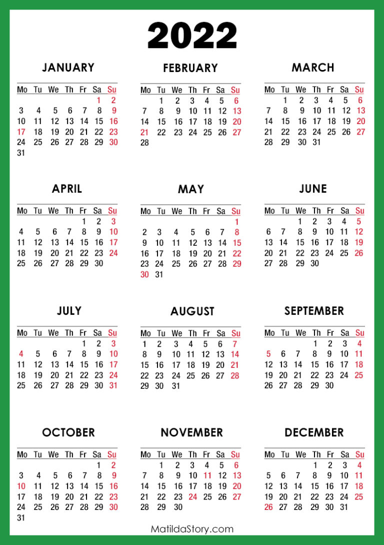 2022 Calendar with Holidays, Printable Free, Green – Monday Start ...