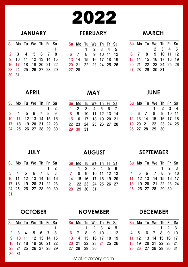 2022 Calendar with Holidays, Printable Free, Red - Sunday ...