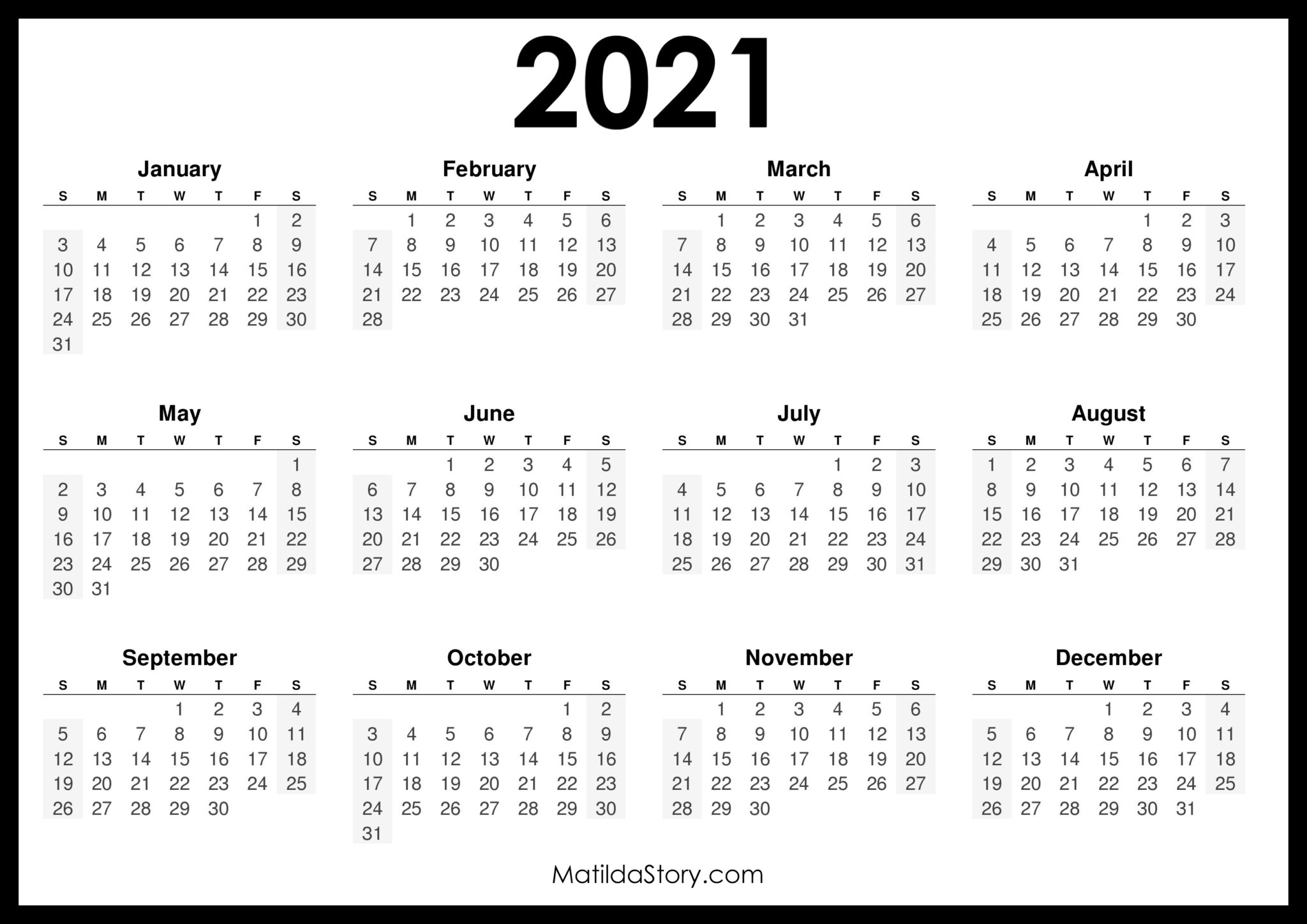 2021 Printable Free Calendar, Horizontal, Black Sunday Start, HD