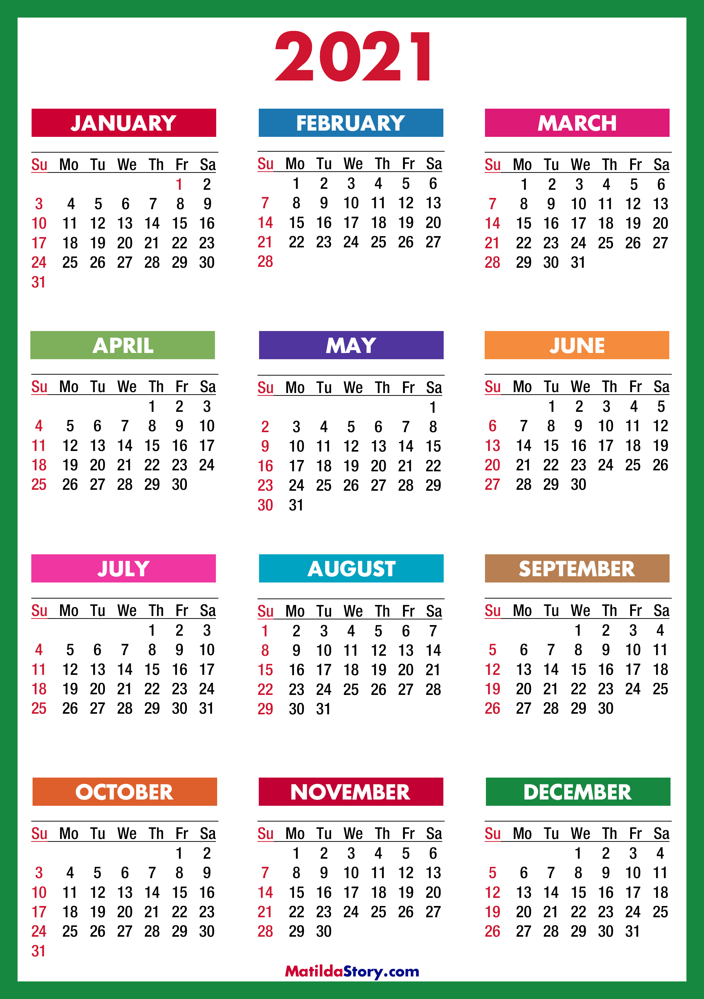 2021 Calendar Printable Free Colorful Blue Green Sunday Start Matildastory Com