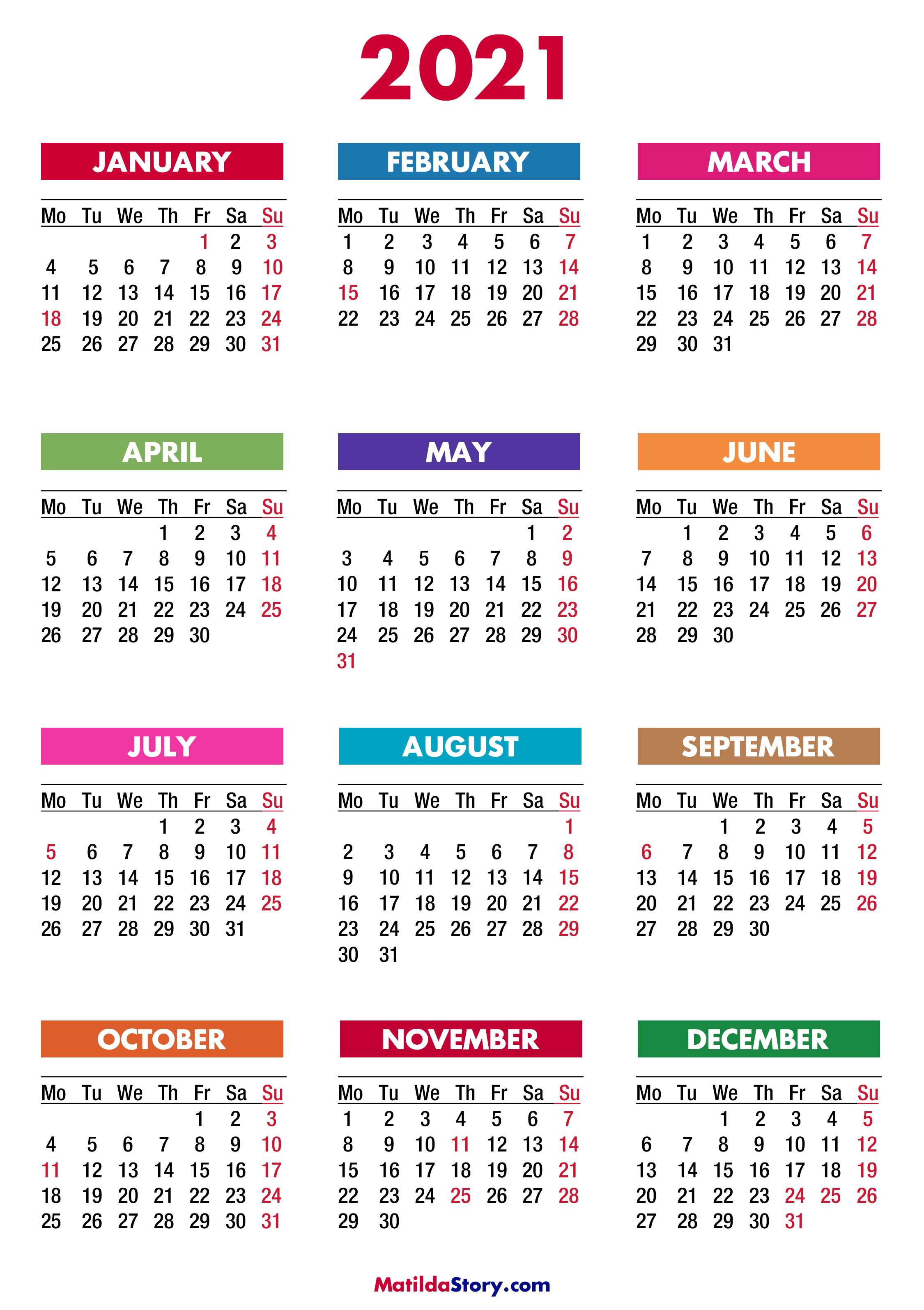 Free Printable 2021 Calendar with Holidays, Colorful.