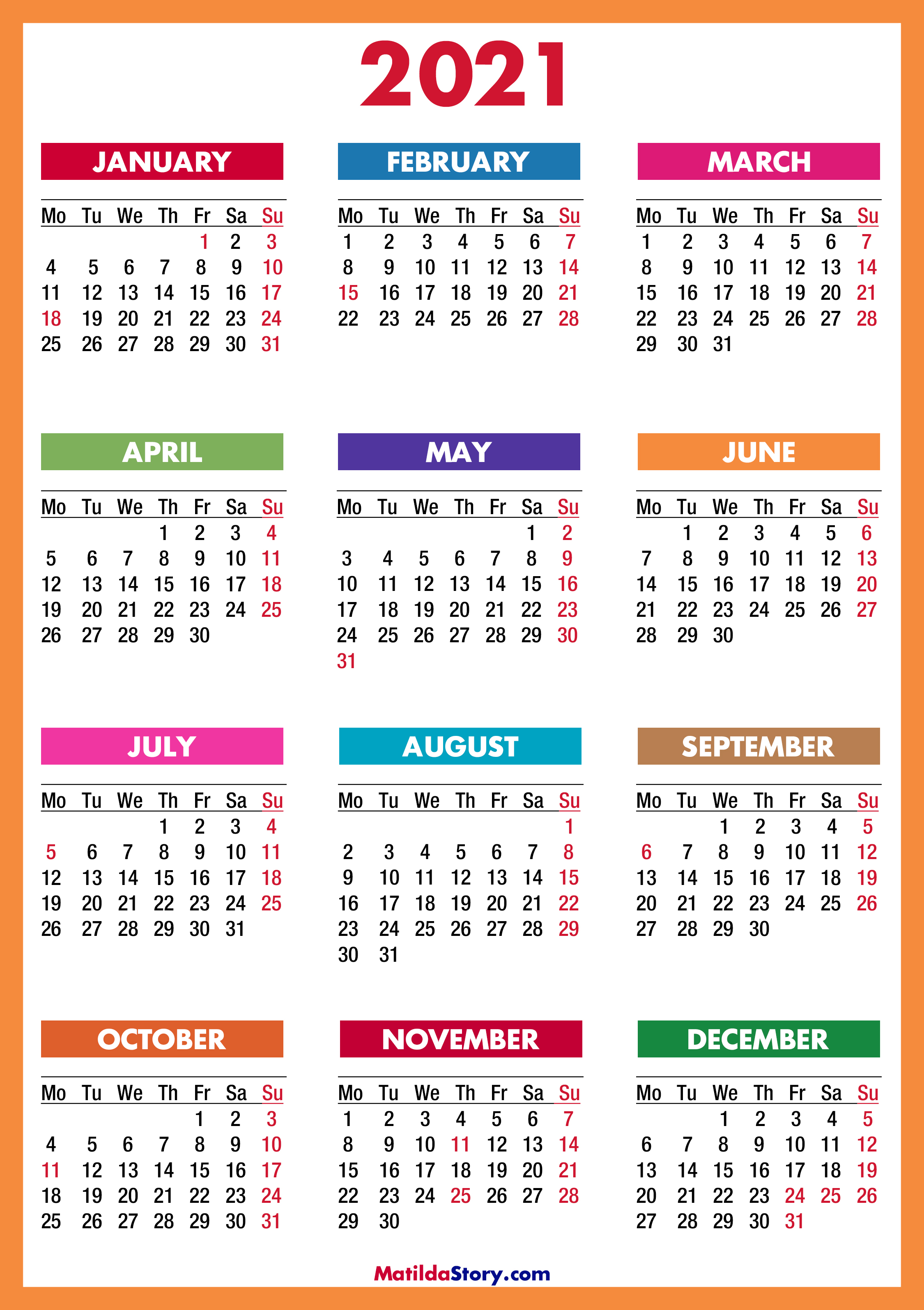 2021 Calendar Printable Free Colorful Red Orange Monday Start 