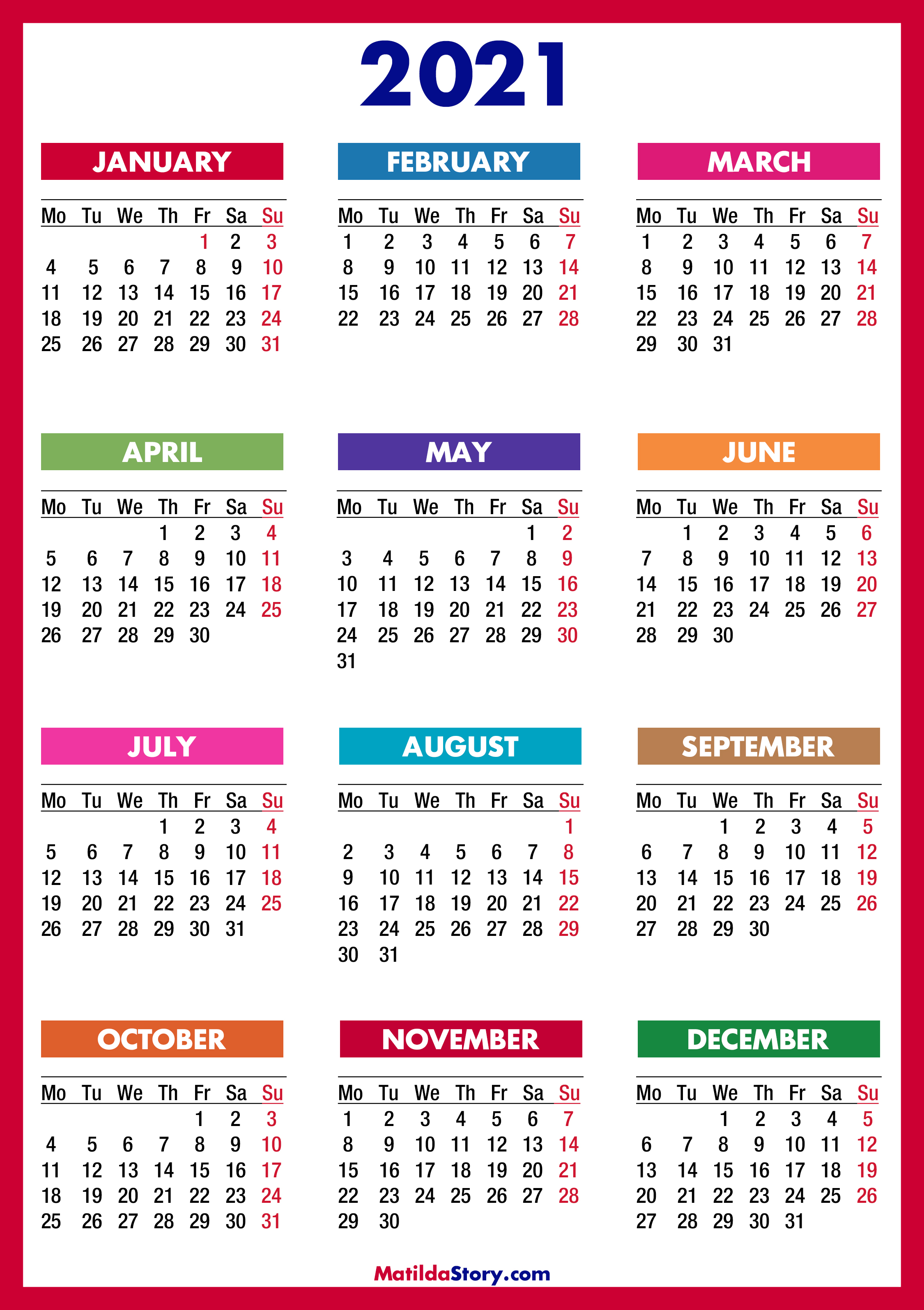 2021 Calendar Printable Free, Colorful, Red, Orange ...